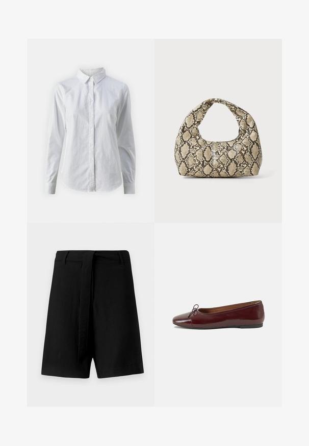 Balta marškinėliai su mygtukais, pagaminti iš lygios medvilnės, su klasikiniais apykaklės, ilgomis rankovėmis ir lenktu kraštu. Mygtukai maži ir balti.; Juodi lininiai šortai su aukštu liemeniu, turintys audinio juostelę ir šonines kišenes, lygi tekstūra ir laisvas siluetas.; Bordo lakiotos odos baleto bateliai su apvalia nosimi, maža kaspinėlio akcentu priekyje ir žema juoda guma padanga. Lygi tekstūra.; Gyvatės rašto rankinė su kreiviu rankenėle. Pagaminta iš tekstūruotų smėlio ir rudos spalvos medžiagų, su išskirtiniu rombo raštu.