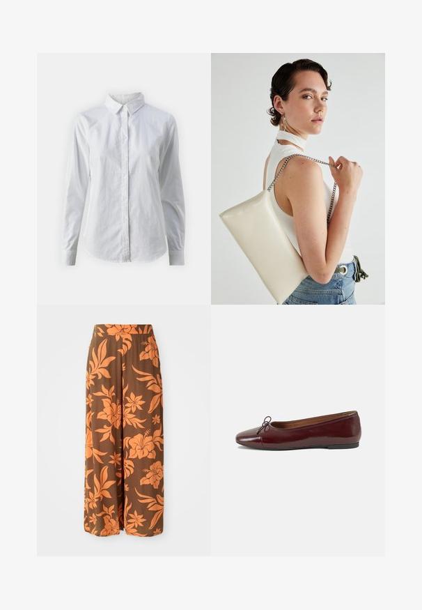 Camisa blanca de botones hecha de algodón suave, con un cuello clásico, mangas largas y un dobladillo curvado. Los botones son pequeños y blancos.; Pantalones de pierna ancha marrones con un patrón floral naranja. Textura suave con una cintura alta y bolsillos laterales. Diseño casual y fluido.; Bailarina de charol burdeos con punta redonda, pequeño lazo en la parte frontal y una suela baja de goma negra. Textura suave.; Bolso de mano rectangular blanco, hecho de un material brillante, con una cadena plateada. La modelo posa, mostrando el bolso frente a un fondo liso.
