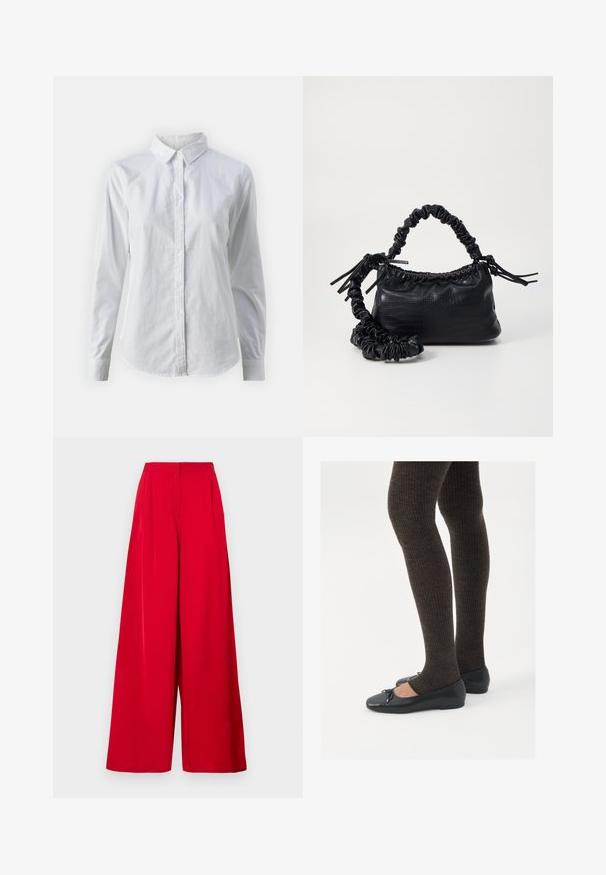 Chemise blanche à manches longues en coton lisse, dotée d'un col classique et d'un ourlet arrondi. Les boutons sont petits et blancs.; Pantalons larges de couleur rouge vif, fabriqués en tissu lisse. Dotés d'une taille haute, de plis marqués et d'un design fluide.; Chaussures plates noires avec un petit nœud au niveau des orteils, associées à des collants côtelés marron foncé. Les chaussures ont une texture lisse et un profil bas.; Sac à main en simili cuir noir avec une texture crocodile, un dessus resserré et une sangle froncée. A l'apparence douce et compacte.