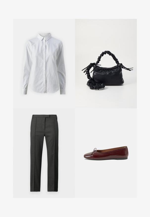 Chemise blanche à manches longues en coton lisse, dotée d'un col classique et d'un ourlet arrondi. Les boutons sont petits et blancs.; Pantalons ajustés gris foncé avec pli à l'avant, passants de ceinture et fermeture avant dissimulée, présentés sur un fond blanc.; Ballerines en cuir verni bordeaux avec un bout rond, un petit nœud décoratif à l'avant et une semelle en caoutchouc noire basse. Texture lisse.; Sac à main en simili cuir noir avec une texture crocodile, un dessus resserré et une sangle froncée. A l'apparence douce et compacte.