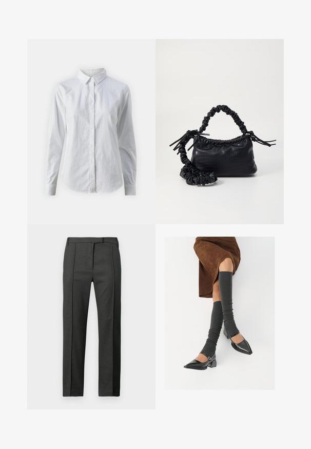 Fehér, sima pamutből készült gombos ing, klasszikus gallérral, hosszú ujjakkal és ívelt hemvéggel. A gombok kicsik és fehérek.; Sötétszürke, a férfiakra szabott nadrág, elöl hajtott redőkkel, övhurkokkal és rejtett elülső zárással, fehér háttér előtt bemutatva.; Fekete lakk bőrből készült, hegyes orrú cipők, tömbsarkúakkal és bokapánttal, szürke bordás lábszármelegítőkkel és barna velúr szoknyával párosítva.; Fekete műbőr kézi táska krokodil bőr textúrával, összehúzható tetejű és gyűrt pánttal. Lágy és kompakt dizájnúnak tűnik.