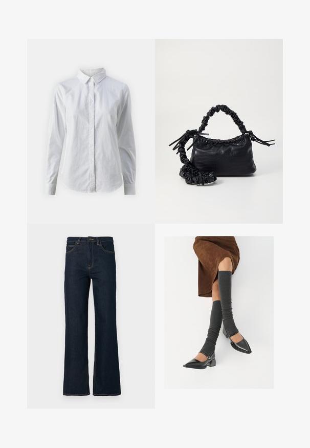 Valge nööpidega särk, mis on valmistatud siledast puuvillast. Särgil on klassikaline krae, pikad varrukad ja kaarduv äär. Nöödid on väikesed ja valged.; Tumedad sinised sirged teksapüksid ees olevate taskute, vöökummide ja nupuga sulgemisega vööosaga valgel taustal.; Mustad patsaline odav värviga kingad, millel on kreen ja pahkluuring, on paaritatud hallide ribakudumitega sääremiidega ja pruunist nahast seelikuga.; Must must sünteetilisest nahast käekott, millel on krokodillimuster, kokku tõmmatav ülaosa ja kortsus rihm. Tundub pehme ja kompaktne disain.