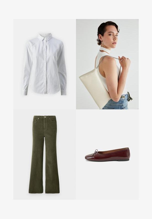 Camisa branca de botão feita de algodão suave, com colarinho clássico, mangas longas e bainha curva. Os botões são pequenos e brancos.; Calças de veludo cotelê verde oliva, com um acabamento suave, bolsos frontais e fecho de botão metálico na cintura.; Bailarinas em couro sintético borgonha com bico redondo, pequeno laço na frente e sola baixa em borracha preta. Textura suave.; Bolsa de mão retangular branca, feita de material brilhante, com uma alça em corrente prateada. Modelo posa, exibindo a bolsa contra um fundo simples.