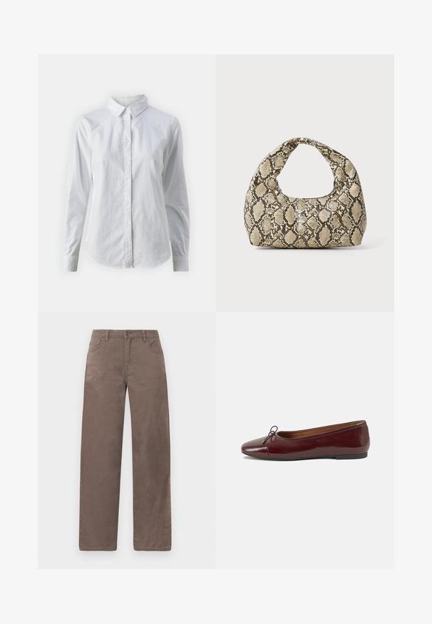 Camisa blanca de botones hecha de algodón suave, con un cuello clásico, mangas largas y un dobladillo curvado. Los botones son pequeños y blancos.; Pantalones marrones de pierna recta hechos de algodón, con cierre de botón en la parte delantera, presillas para cinturón y cinco bolsillos con una textura suave.; Bailarina de charol burdeos con punta redonda, pequeño lazo en la parte frontal y una suela baja de goma negra. Textura suave.; Bolso de mano con estampado de serpiente y asa curvada. Hecho de materiales texturizados en tonos beige y marrón, con un patrónen diamante distintivo.