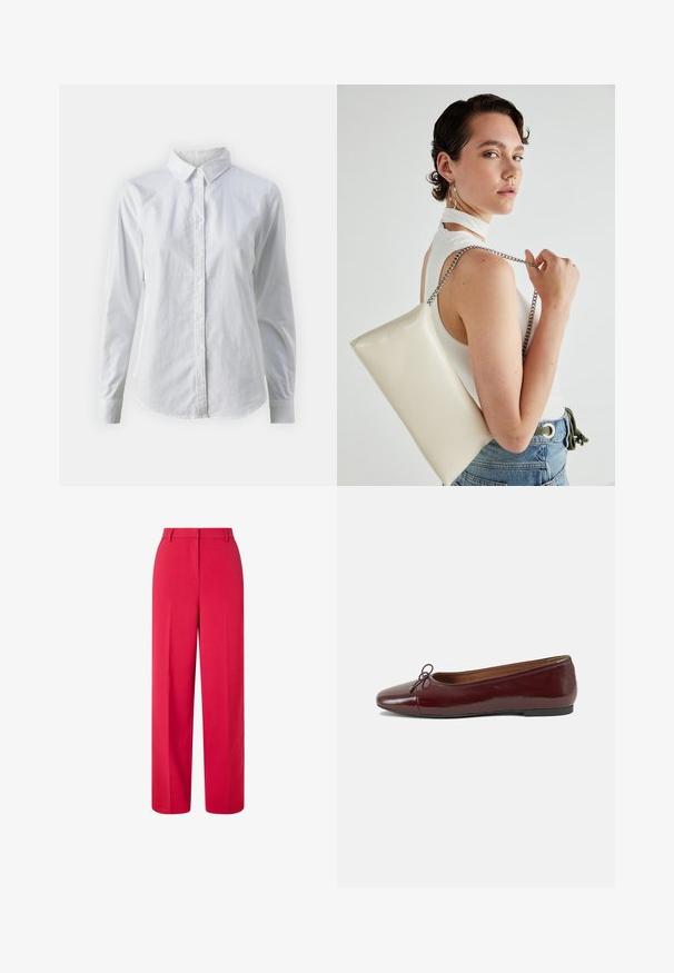 Biała koszula zapinana na guziki, wykonana z gładkiej bawełny, z klasycznym kołnierzykiem, długimi rękawami i zaokrąglonym dołem. Guziki są małe i białe.; Czerwone spodnie z wysokim stanem i szerokimi nogawkami, z pętelkami na pasek i ukrytym zapięciem z przodu na białym tle.; Bordowe baleriny z lakierowanej skóry z zaokrąglonym noskiem, małą kokardką z przodu oraz niską, czarną gumową podeszwą. Gładka tekstura.; Biała prostokątna kopertówka wykonana z błyszczącego materiału, z srebrnym łańcuszkiem. Modelka pozuje, prezentując torebkę na jednolitym tle.