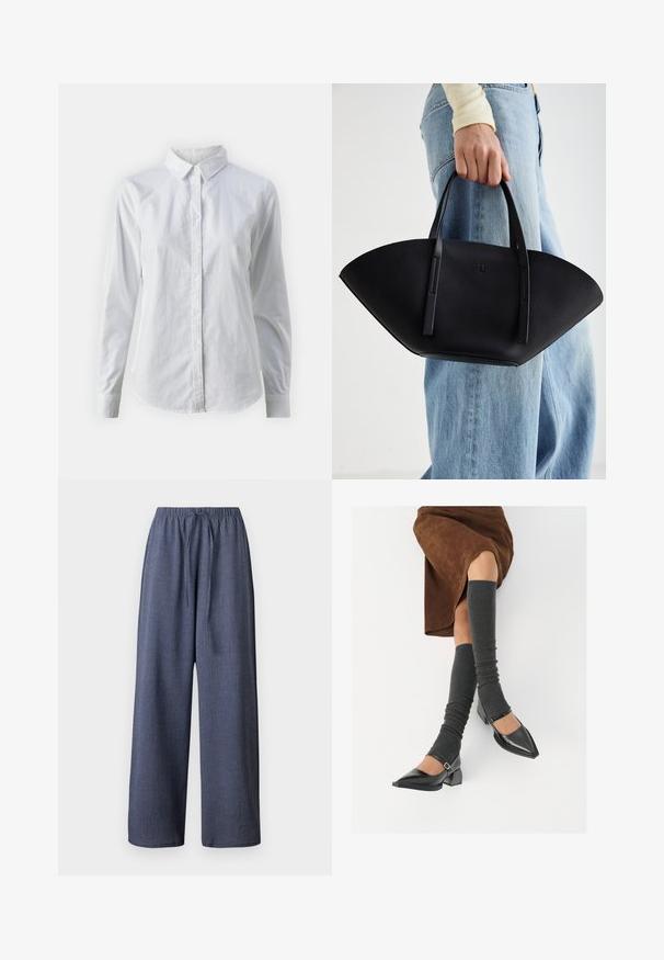 Vit skjorta med knappar, tillverkad av mjuk bomull, med klassisk krage, långa ärmar och en böjd fåll. Knapparna är små och vita.; Breda byxor i marinblått med texturerad tyg, elastisk midja och justerbar dragsko. Inga fickor synliga.; Svarta lackläderskor med spetsig tå, blockklack och ankelrem, i kombination med grå ribbade benvärmare och en brun mockakjol.; Svart läderhandväska med en unik fläktform, som har platta handtag. Ytan har en pebblad textur och en minimalistisk design.