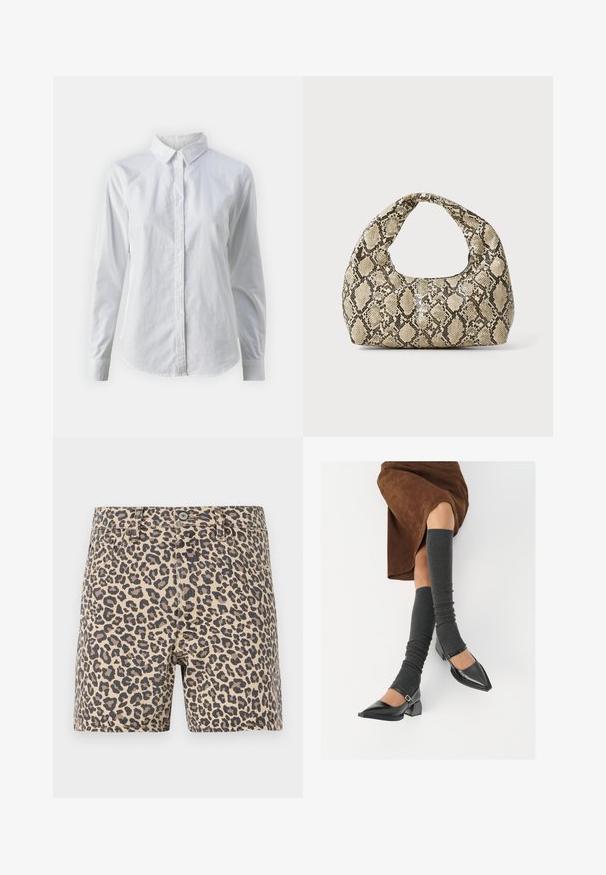 Chemise blanche à manches longues en coton lisse, dotée d'un col classique et d'un ourlet arrondi. Les boutons sont petits et blancs.; Shorts en jean à imprimé léopard beige et noir. Design classique à cinq poches avec fermeture à bouton et passants de ceinture. Texture lisse.; Chaussures à bout pointu en cuir verni noir avec un talon bloc et une bride à la cheville, accompagnées de jambières en maille grise et d'une jupe en daim marron.; Sac à main en motif serpent avec une poignée incurvée. Fabriqué à partir de matériaux texturés beiges et bruns, présentant un motif en diamant distinctif.