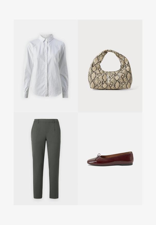 Weißes Hemd mit Knöpfen, aus glattem Baumwollstoff, mit klassischem Kragen, langen Ärmeln und abgerundetem Saum. Die Knöpfe sind klein und weiß.; Dunkelgrüne Hose mit maßgeschneidertem Schnitt, ausgestattet mit zwei Seitentaschen, einem Reißverschluss und Falten für ein strukturiertes Design.; Burgunderfarbenes, lackiertes Ballettschuh mit abgerundetem Zehenbereich, kleiner Schleifenakzent vorne und einer niedrigen, schwarzen Gummisohle. Glatte Textur.; Schlangenmuster-Tasche mit einem gebogenen Griff. Hergestellt aus strukturierten, beige- und braunfarbenen Materialien, die ein markantes Diamantmuster aufweisen.