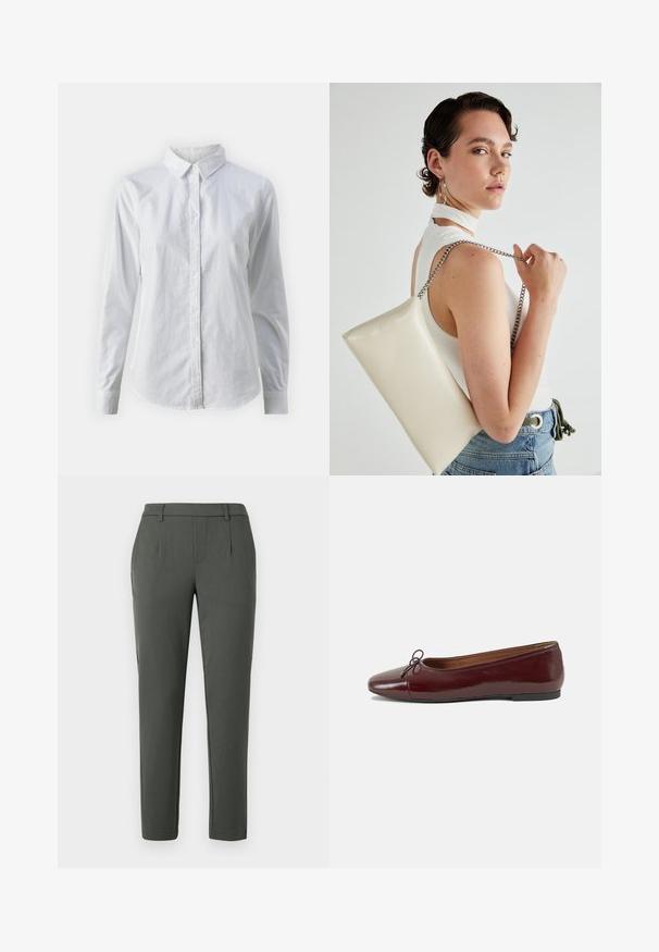 Bjela košulja na dugih rukava od glatkog pamuka, s klasičnom kragnom i zakrivljenim rubom. Dugmad su mala i bijela.; Tamnozeleni hlače krojenog fit, s dva bočna džepa, zatvaračem i detaljima naboranog dizajna radi strukture.; Burgundska lakirana balerinka s zaobljenim vrhom, malim mašnom sprijeda i niskom, crnom gumenom potplatu. Glatka tekstura.; Bijela pravokutna torbica s kopčanjem, izrađena od sjajnog materijala, s srebrnim lančićem. Model pozira, prikazujući torbicu na jednostavnoj pozadini.
