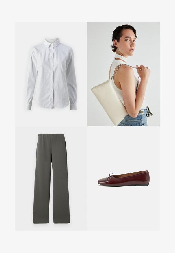 Hvit skjorte med knapper laget av glatt bomull, med klassisk krage, lange ermer og buet skjær. Knapper er små og hvite.; Mørkegrå høymidje vide bukser med elastisk midjebånd, lagt flatt mot en hvit bakgrunn.; Burgunderrød lakk lær ballettleilighet med rund tå, liten sløyfe foran og en lav, svart gummisåle. Glatt tekstur.; Hvit rektangulær clutch-veske laget av blankt materiale, med en sølvkjede-stropp. Modellen poserer og viser vesken mot en ensfarget bakgrunn.