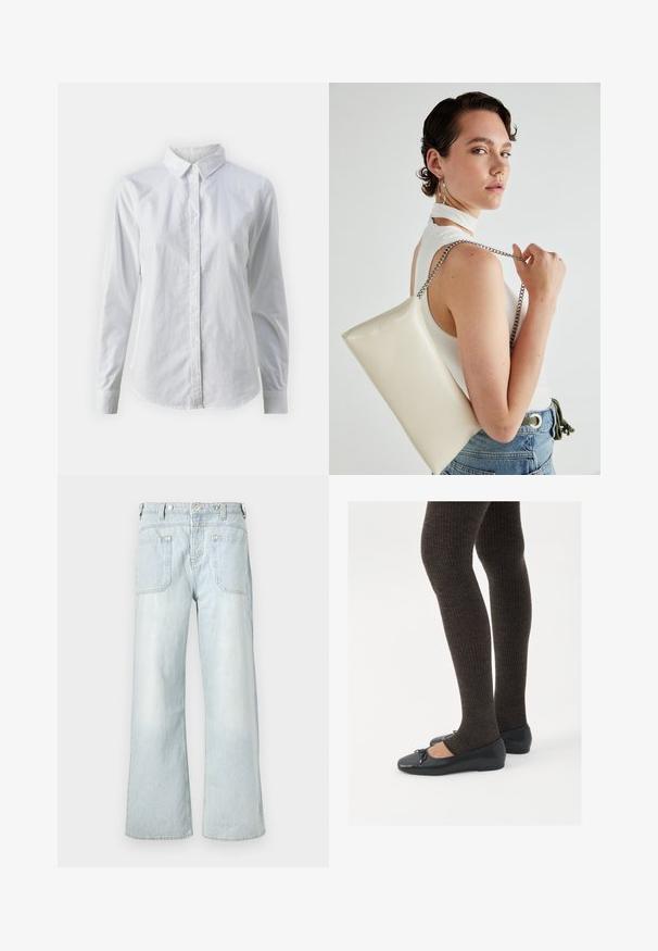 Valkoinen napitettava paita, joka on valmistettu sileästä puuvillasta. Paidassa on klassinen kaulus, pitkät hihat ja kaareva helma. Nappien koko on pieni ja ne ovat valkoiset.; Vaaleansiniset leveälahkeiset farkut, joissa on korkea vyötärö, kaksi takataskua ja hillitty haalistuminen, sekä keltaiset tikkauskoristeet.; Mustat matalat kengät, joissa on pieni nauha varpaissa, yhdistettynä tummanruskeisiin ribattuisiin sukkahousuihin. Kengissä on sileä pinta ja matala profiili.; Valkoinen suorakulmainen clutch-laukku, joka on valmistettu kiiltävästä materiaalista ja jossa on hopeinen ketjuolkahihna. Malli poseeraa laukku käsivarsillaan yksinkertaista taustaa vasten.