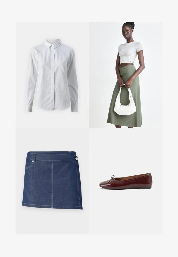 Balta pogājamā krekla augšdaļa, izgatavota no gluda kokvilnas, ar klasisku apkakli, garām piedurknēm un izliekto apakšmalu. Pogas ir mazas un baltas.; Tumši zilā denima mini svārku ar baltām šuvēm, kurā ir viena priekšējā kabata un metālisks pogas aizdare jostasvietā.; Burgundijas laku ādas baleta kurpes ar noapaļotu purngalu, nelielu loku akcentu priekšā un zemu melnu gumijas zoli. Gluda tekstūra.; Pelēks ribots īsais tops un olīvzaļš augstās vidukļa svārki. Modelis tur baltu plecu somu ar izgriezumiem. Vienkāršs dizains, pieguloša silueta.