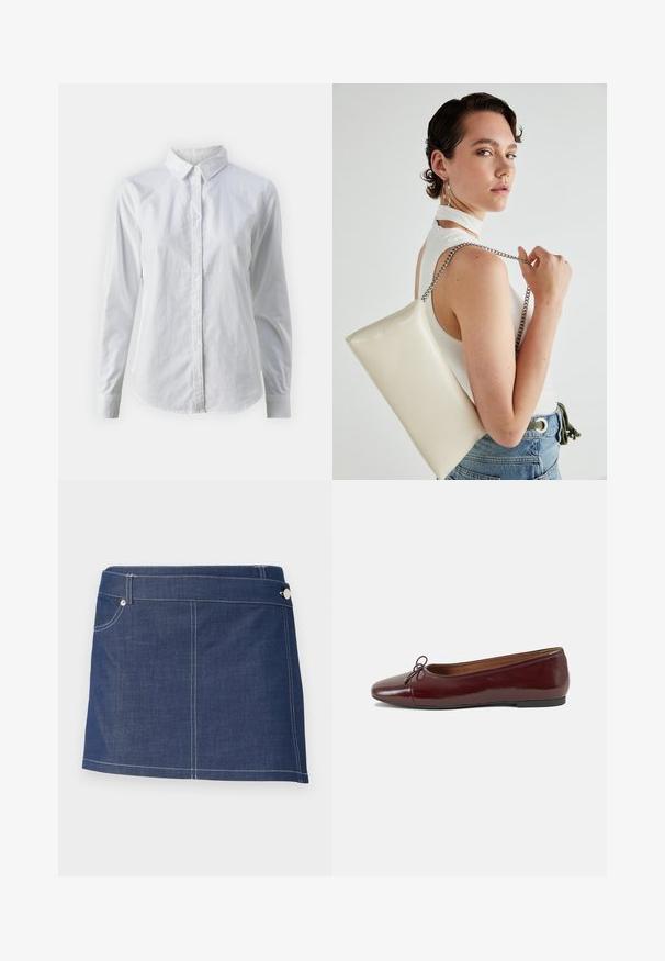 Hvid skjorte med knapper lavet af glat bomuld, der har en klassisk krave, lange ærmer og en buet kant. Knapperne er små og hvide.; Mørkeblåt denim miniskørt med hvid syning, der har en enkelt forlommer og en metalknaplukning ved taljen.; Bordeaux patentlæder balletflad med rund tå, lille sløjfeaccent foran og en lav, sort gummisål. Glat tekstur.; Hvid rektangulær clutch-taske lavet af skinnende materiale, med en sølv kædetransport. Modellen poser, mens hun fremviser tasken mod en ensfarvet baggrund.