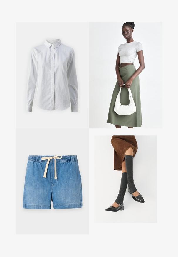 Camisa branca de botão feita de algodão suave, com colarinho clássico, mangas longas e bainha curva. Os botões são pequenos e brancos.; Calções de ganga azul claro com uma cintura elástica, cordão bege ajustável e textura suave, apresentando bainhas dobradas.; Sapatos pretos de pele lacada com biqueira pontuda, salto bloco e tiras no tornozelo, combinados com caneleiras cinzas em malha e uma saia de camurça castanha.; Top cropped cinza em ribas e saia de cintura alta verde-azeitona. Modelo segura uma bolsa branca de ombro com detalhes recortados. Design simples, silhueta justa.