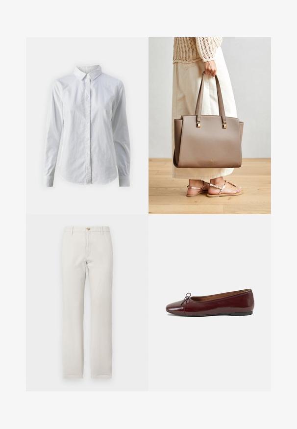 Balta marškinėliai su mygtukais, pagaminti iš lygios medvilnės, su klasikiniais apykaklės, ilgomis rankovėmis ir lenktu kraštu. Mygtukai maži ir balti.; Tiesios kojos šviesiai rudos kelnės su diržo kilpomis, priekyje užsegamos mygtuku ir su užtrauktuku, prieš balto fono.; Bordo lakiotos odos baleto bateliai su apvalia nosimi, maža kaspinėlio akcentu priekyje ir žema juoda guma padanga. Lygi tekstūra.; Ruda sintetinė pirkinių maišeliai su dviem ilgomis rankenomis, kvadratiniais metaliniais akcentais ir subtiliu logotipu. Dėvimas su šviesiai kreminėmis sijonais ir basutėmis.