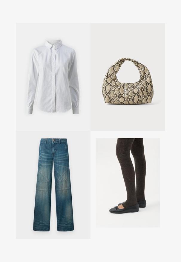 Camisa blanca de botones hecha de algodón suave, con un cuello clásico, mangas largas y un dobladillo curvado. Los botones son pequeños y blancos.; Jeans de mezclilla de pierna ancha en azul medio, con un acabado deslavado, costuras de patchwork y un diseño clásico de cinco bolsillos con cierre de botón.; Zapatos planos negros con un pequeño lazo en la punta, combinados con medias de punto en marrón oscuro. Los zapatos tienen una textura suave y un perfil bajo.; Bolso de mano con estampado de serpiente y asa curvada. Hecho de materiales texturizados en tonos beige y marrón, con un patrónen diamante distintivo.