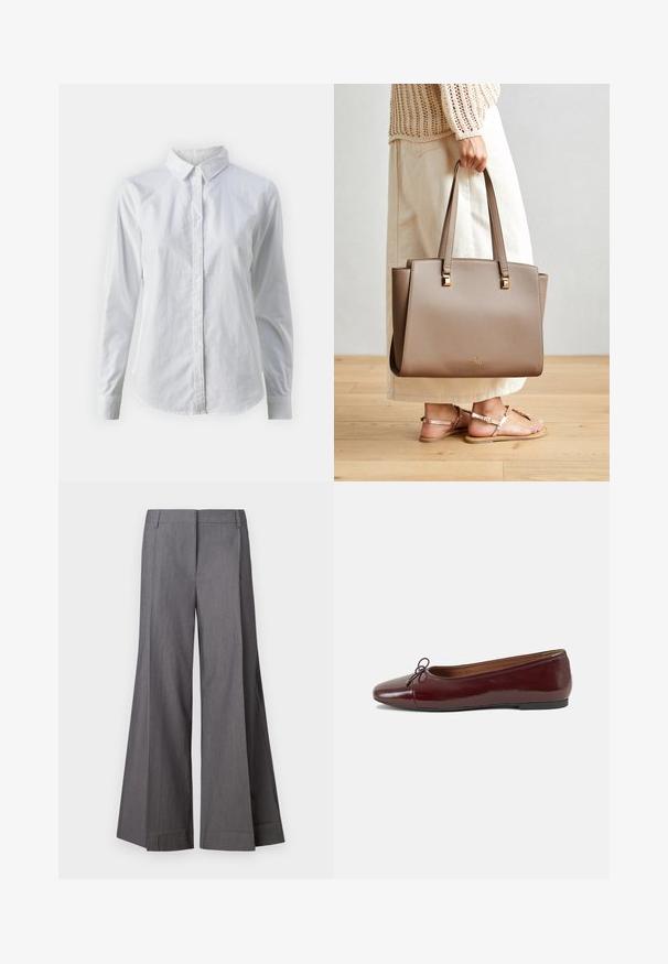 Vit skjorta med knappar, tillverkad av mjuk bomull, med klassisk krage, långa ärmar och en böjd fåll. Knapparna är små och vita.; Grå vida byxor i en texturerad tygkvalitet, med hög midja och fickor fram. Slut på bensluten är rena utan ytterligare detaljer.; Burgunderfärgad lackläderballettskor med rund tå, liten rosettdekoration fram och en låg, svart gummisula. Slät textur.; Brun syntetisk axelväska med två långa handtag, fyrkantiga metalliska detaljer och en subtil logotyp. Bärs med en ljus krämfärgad kjol och sandaler.