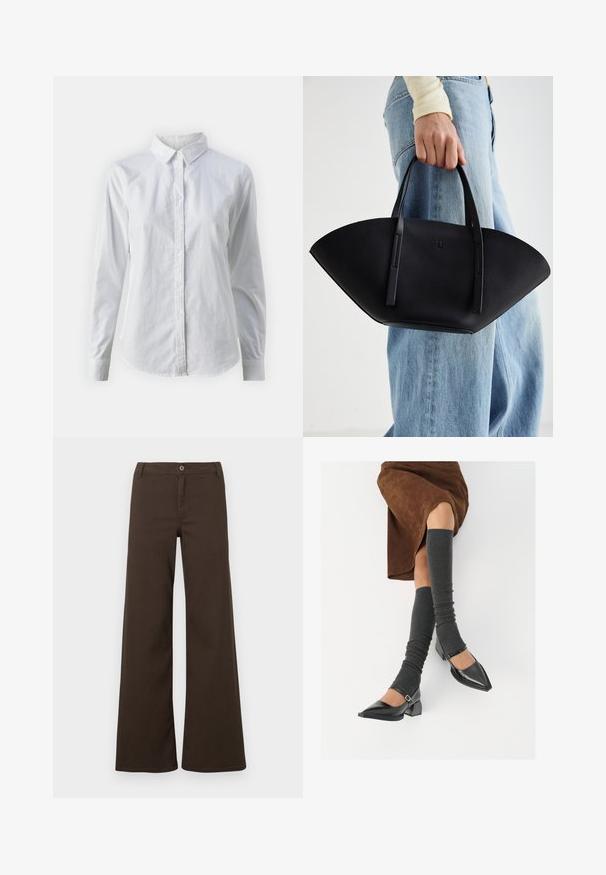 Chemise blanche à manches longues en coton lisse, dotée d'un col classique et d'un ourlet arrondi. Les boutons sont petits et blancs.; Pantalons larges taille haute marron foncé avec fermeture à bouton et passants de ceinture, présentés sur un fond blanc uni.; Chaussures à bout pointu en cuir verni noir avec un talon bloc et une bride à la cheville, accompagnées de jambières en maille grise et d'une jupe en daim marron.; Sac à main en cuir noir avec une forme de éventail unique, doté de poignées plates. La surface présente une texture granuleuse et un design minimaliste.