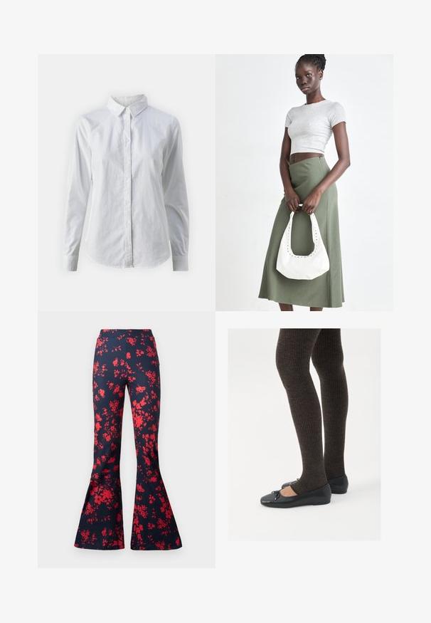 Hvit skjorte med knapper laget av glatt bomull, med klassisk krage, lange ermer og buet skjær. Knapper er små og hvite.; Flaresbukser i marineblåt stoff med et klart rødt blomsterdesign. Har en tilpasset midje og klokkeformede ben. Jevn tekstur.; Sorte flate sko med en liten sløyfedetalj på tåen, kombinert med mørkebrune ribbede strømpebukser. Skoene har en glatt overflate og lav profil.; Grå ribbet topp og olivengrønn høy midje skjørt. Modellen holder en hvit skulderveske med utskjæringsdetaljer. Enkelt design, tettsittende silhuett.