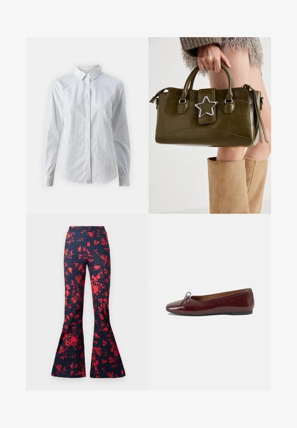 Witte overhemd met knopen van glad katoen, met een klassieke kraag, lange mouwen en een afgeronde zoom. De knopen zijn klein en wit.; Uitlopende broek van marineblauwe stof met een felrood bloemenpatroon. Heeft een aansluitende taille en klokvormige benen. Gladde textuur.; Bordeaux gepatenteerd lederen ballerina met een ronde neus, een klein strikaccent aan de voorkant en een lage, zwarte rubberen zool. Glad textuur.; Olijf groen neplederen handtas met zilveren steraccent, dubbele handvatten en een ritssluiting. Gelaagd oppervlak en gestructureerde vorm.