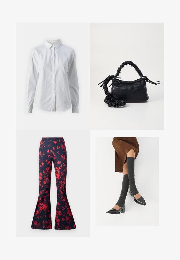 Camisa branca de botão feita de algodão suave, com colarinho clássico, mangas longas e bainha curva. Os botões são pequenos e brancos.; Calças largas em tecido azul-marinho com um padrão floral vermelho brilhante. Apresentam uma cintura ajustada e pernas em forma de sino. Textura suave.; Sapatos pretos de pele lacada com biqueira pontuda, salto bloco e tiras no tornozelo, combinados com caneleiras cinzas em malha e uma saia de camurça castanha.; Bolsa de mão em couro sintético preto com textura de crocodilo, topo franzido e alça enrugada. Apresenta um design suave e compacto.