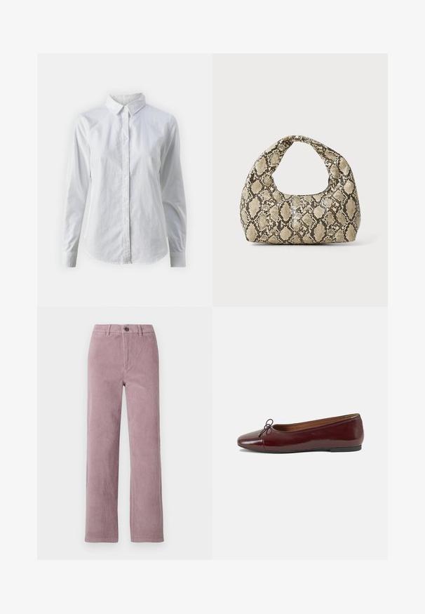 Camisa branca de botão feita de algodão suave, com colarinho clássico, mangas longas e bainha curva. Os botões são pequenos e brancos.; Calças de veludo cotelê em malva claro com corte reto. Apresentam um fecho frontal com botão e textura ribada vertical.; Bailarinas em couro sintético borgonha com bico redondo, pequeno laço na frente e sola baixa em borracha preta. Textura suave.; Bolsa com padrão de pele de cobra e uma alça curva. Feita de materiais texturizados em bege e castanho, apresentando um padrão de diamante distintivo.