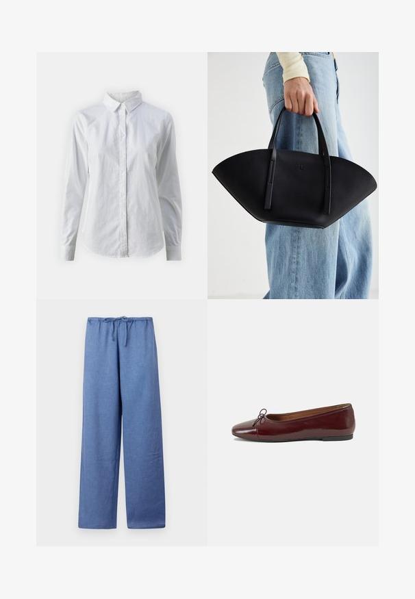 Cămașă albă cu nasturi, confecționată din bumbac neted, având un guler clasic, mâneci lungi și un tiv curbat. Nasturii sunt mici și albi.; Pantaloni largi, de culoare albastru deschis, cu un cordon la talie, confecționați dintr-un material moale, cu o textură netedă și o croială lejeră.; Balerini din piele patent burgund cu vârful rotund, accent de fundiță mică în față și talpă joasă din cauciuc negru. Textură netedă.; Geantă de piele neagră cu o formă unică de evantai, având mânere plate. Suprafața are o textură cu mici granule și un design minimalist.