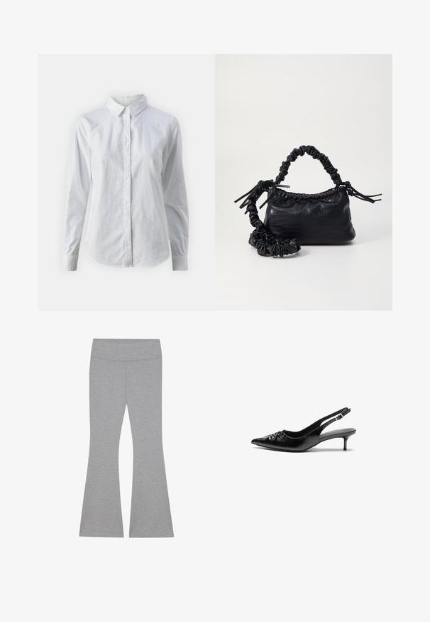 Valge nööpidega särk, mis on valmistatud siledast puuvillast. Särgil on klassikaline krae, pikad varrukad ja kaarduv äär. Nöödid on väikesed ja valged.; Hallide flared retuusid pehmest ja venivast kangast. Omavad sujuvat vöökohta ja kitsast puusaosa, mis laieneb allääres.; Mustad nahast rihmikud terava nina, madala kassisaba kand ja volditud detailiga eespool. Siledat tekstuuri ja minimalistlikku disaini.; Must must sünteetilisest nahast käekott, millel on krokodillimuster, kokku tõmmatav ülaosa ja kortsus rihm. Tundub pehme ja kompaktne disain.