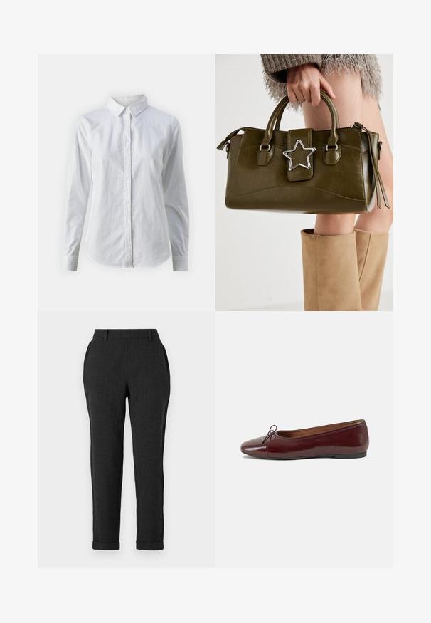 Balta pogājamā krekla augšdaļa, izgatavota no gluda kokvilnas, ar klasisku apkakli, garām piedurknēm un izliekto apakšmalu. Pogas ir mazas un baltas.; Tumši pelēki pielāgoti bikses ar sašaurinātiem pēdu galiem, jostu cilpām un sānu kabatām. Audumam ir smalka tekstūra. Ar apvītiem malām.; Burgundijas laku ādas baleta kurpes ar noapaļotu purngalu, nelielu loku akcentu priekšā un zemu melnu gumijas zoli. Gluda tekstūra.; Olive zaļš mākslīgās ādas rokassomu ar sudraba zvaigznes akcentu, divām rokturiem un rāvējslēdzēja aizdari. Strukturēta forma un teksturēta virsma.