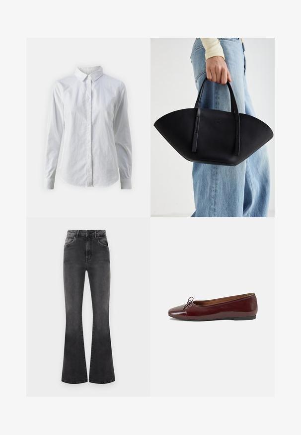 Bela srajca z gumbki, narejena iz gladkega bombaža, s klasičnim ovratnikom, dolgimi rokavi in ukrivljenim robom. Gumbi so majhni in beli.; Črne razširjene kavbojke z visokim pasom, šivi in petimi žepi. Tkanina ima gladko teksturo z zbledelim zaključkom.; Burgundska patenti usnjeni baletni čevlji z zaobljenim prstom, majhnim lokom na sprednji strani in nizkim črnim gumijastim podplatom. Gladka tekstura.; Črna usnjena torbica z edinstveno obliko ventilatorja, z ravnimi ročaji. Površina ima teksturo z drobnimi kamni in minimalističen dizajn.
