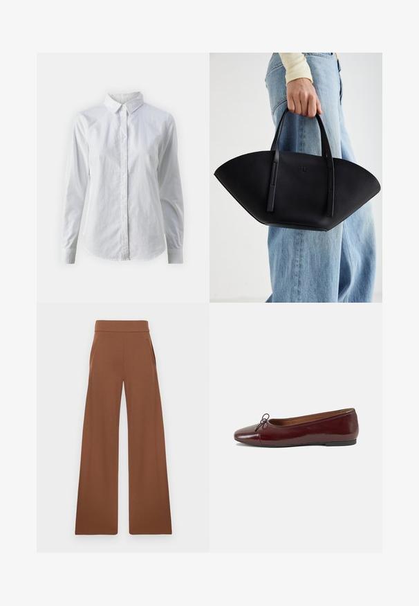 Cămașă albă cu nasturi, confecționată din bumbac neted, având un guler clasic, mâneci lungi și un tiv curbat. Nasturii sunt mici și albi.; Pantaloni maro cu picioare largi dintr-o țesătură netedă și elastică. Au o talie înaltă și buzunare laterale, concepuți pentru o potrivire relaxată.; Balerini din piele patent burgund cu vârful rotund, accent de fundiță mică în față și talpă joasă din cauciuc negru. Textură netedă.; Geantă de piele neagră cu o formă unică de evantai, având mânere plate. Suprafața are o textură cu mici granule și un design minimalist.