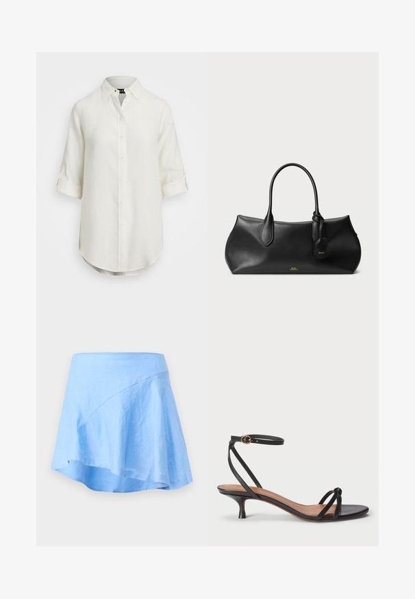 Bela lanena srajca z gumbnim zapenjanjem, kratkimi zavihanimi rokavi, ovratnikom in zaobljenim robom. Ima svetle gumbe.; Svijetloplava lanena suknja s A-linijom i asimetričnom rubom. Ima glatku teksturu i minimalne šavove.; Polo Ralph Lauren LEATHER KITTEN-HEEL SANDAL - Klasične pete - black; Črna usnjena torbica z gladko teksturo, zaobljeno obliko, dvema ročajema in majhno oznako pritrjeno nanjo. Diskreten logotip blagovne znamke v zlati barvi na sprednji strani.
