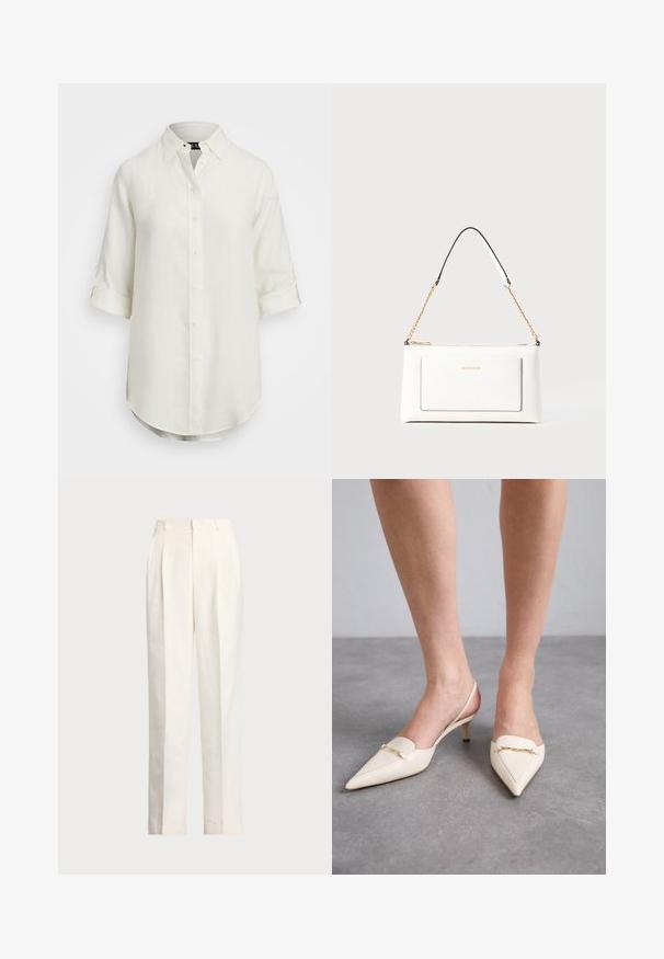 Witte linnen blouse met een knoopsluiting, korte opgerolde mouwen, een kraag en een afgeronde zoom. Voorzien van lichtgekleurde knopen.; Polo Ralph Lauren HEMP WIDE LEG PANT - Broek - nevis; Crèmekleurige, puntige slingback-hakken met een slanke middenhak, voorzien van een gouden kettingaccent op de wreef en een gladde leren textuur.; Witte leren handtas met een textuurafwerking, voorzien van een gouden schouderhengsel en zwarte accenten. Inclusief een voorvak en ritssluiting.