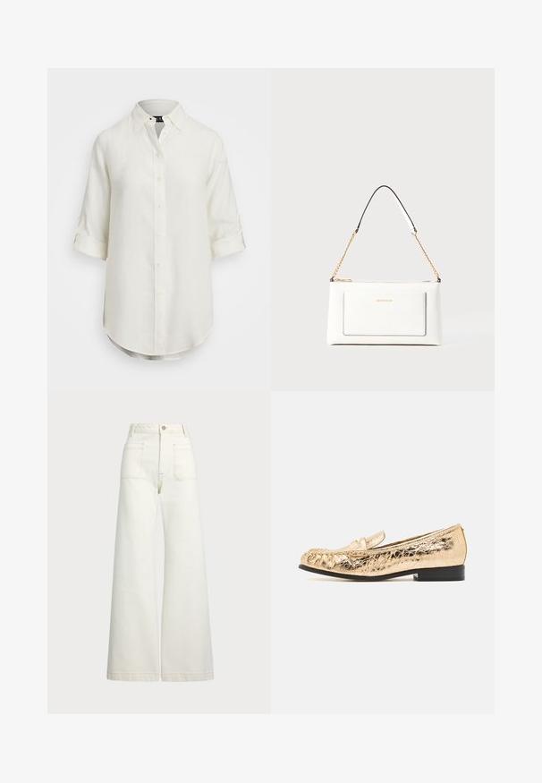 Biely ľanový košeľa s gombíkmi, krátkymi rolovanými rukávmi, golierom a zaobleným lemom. Obsahuje svetlé gombíky.; Džínsy s širšími nohavicami v off-white denim. Vysoký pás s gombíkovým zapínaním, dve predné vrecká a kontrastné švy.; Zlaté syntetické loafers s textúrovaným povrchom, zaoblenou špičkou a dekoratívnym pásikom. Obsahujú nízky čierny opätok a prešitie.; Biele kožené kabelka s textúrovaným povrchom, ktorá má zlatý retiazkový popruh a čierne akcenty. Obsahuje prednú kapsu a zipsové zapínanie.