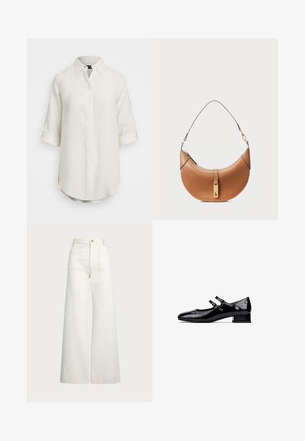 Chemise en lin blanc avec un design à boutons, manches courtes retroussées, col et ourlet arrondi. Présente des boutons de couleur claire.; Jeans large en denim écru. Design taille haute avec une fermeture à bouton, deux poches avant et des détails de surpiqûres contrastantes.; Chaussures Mary Jane en cuir verni noir avec un petit talon carré, un design à double bride et des boucles métalliques circulaires. Texture lisse et brillante.; Sac à main en cuir tan avec une forme incurvée, quincaillerie dorée et une fine bandoulière. Présente une fermeture éclair et un détail de logo à l'avant.