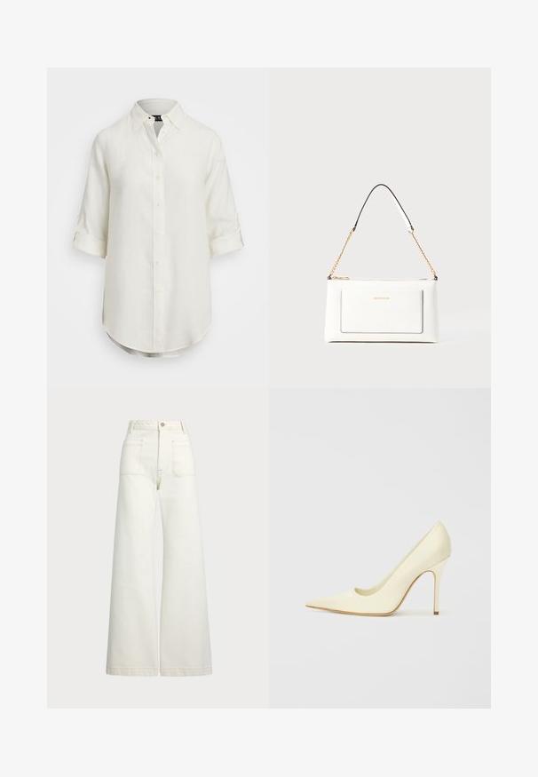 Balta lino marškiniai su mygtukų užsegimu, trumpomis susuktomis rankovėmis, apykakle ir apvaliu kraštu. Įrengti šviesios spalvos mygtukai.; Plati kojinės džinsai of white denimo. Aukštas liemuo, su mygtuko uždarymu, dviem priekinėmis kišenėmis ir kontrastingai siuvinėjimu.; Lygūs kreminių spalvų odiniai aukštakulniai bateliai. Pasižymi smailiu kojų pirštu, elegantiška forma ir plonu stiletto kulnu.; Balta odinė rankinė su tekstūruotu paviršiumi, turinti auksinį grandinėlės dirželį ir juodas detales. Įskaičiuota priekinė kišenė ir užtrauktuko uždarymas.