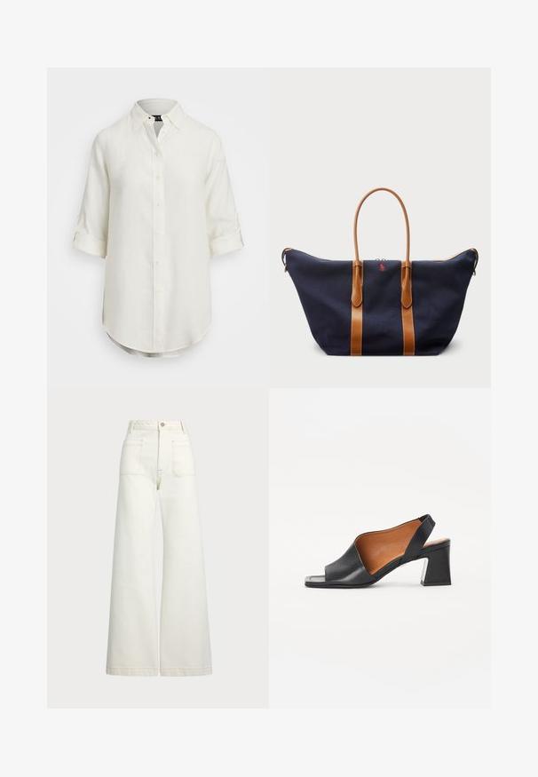 Valge linane särk nupuga, lühikeste kergete varrukatega, krae ja ümar hem. Omab heledat tooni nuppe.; Laiad teksad heledast denimist. Kõrge vöökoht, nööbivöö, kaks esikotitäit ja kontrastsed õmblused.; Must musta avatud varbaga slingback kingad, millel on ruudukujuline konts ja tan siseosa. Omab kaarjat ülemise disaini ja tekstureeritud tallat.; Tumesinise kanvasest duffel-kott, millel on pronksist nahk rihmad, lukuga sulgemine ja väike punane logo esiküljel, millel on lai ja avar disain.