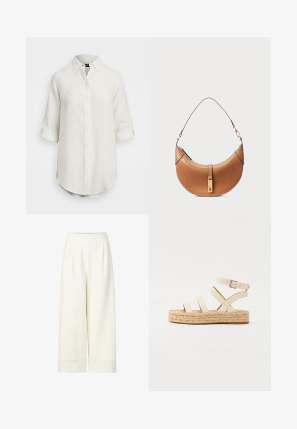 Balta lino marškiniai su mygtukų užsegimu, trumpomis susuktomis rankovėmis, apykakle ir apvaliu kraštu. Įrengti šviesios spalvos mygtukai.; Baltos plačios kelnes iki kulkšnių su elastinga juosta, lygia tekstūra ir subtiliomis klostėmis priekyje, su siūlėmis apatiniuose kraštuose.; Šviesiai smėlinės odos espadrilės sandalai su keturiais kryžminiais dirželiais ir užsegimu ant kulkšnies, turintys supintą jutos platformos padą ir plokščią guminiu dugnu.; Šviesiai rudos odos rankinė su kreiva forma, auksiniais aksesuarais ir plonu petiniu diržu. Yra užtrauktuko uždarymas ir logotipo detalė priekyje.