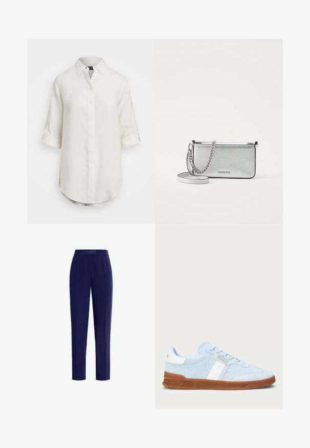 Witte linnen blouse met een knoopsluiting, korte opgerolde mouwen, een kraag en een afgeronde zoom. Voorzien van lichtgekleurde knopen.; Marineblauwe broeken van een gladde stof met een getailleerde pasvorm, voorplooien en een middelhoge tailleband.; Lichtblauwe suède sneaker met een witte streep, gumrubberen zool en logodetail. Platte veters en een gevoerde tong vergroten het comfort.; Zilveren leren schoudertas met een gestructureerde afwerking, accenten van ketting en schouderband, en een ritssluiting. Beschikt over een logo aan de voorkant.