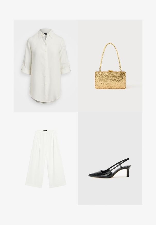 White linen shirt with a button-up design, short rolled sleeves, a collar, and a rounded hem. Features light-colored buttons.; Wide-leg trousers in white fabric, featuring front pleats, a flat waistband, and a relaxed fit. Smooth texture and no visible patterns.; Black patent slingback heel with a pointed toe, featuring textured snake print, adjustable strap, and a short, textured block heel.; Gold sequin clutch with a rectangular shape, featuring a twisted chain handle and a metal clasp closure, reflecting light with a textured finish.