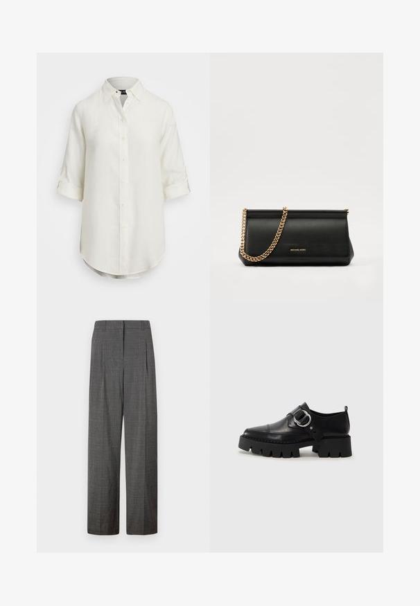 Witte linnen blouse met een knoopsluiting, korte opgerolde mouwen, een kraag en een afgeronde zoom. Voorzien van lichtgekleurde knopen.; Vero Moda VMSIKITA WIDE DAD PANT - Broek - medium grey/black; Zwarte leren schoenen met een robuuste, geribbelde zool, voorzien van een ronde zilveren hardwareaccent en minimale stikdetails.; Zwarte leren clutch tas met een gouden kettinghengsel, voorzien van een gladde textuur, rechthoekige vorm en reliëfmerk op de voorkant.
