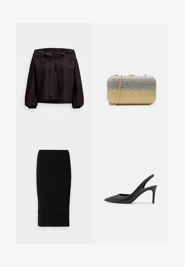 Melna īsā blūze ar piegulošu vidukli, ar priekšu sasietu auklu un elastīgām aprocēm. Izgatavota no viegla auduma ar gludu tekstūru.; Melna zīmuļu svārki ar teksturētu rakstu, vienkrāsainu jostasvietu un pieguļošu siluetu. Materiāls nodrošina gludu izskatu.; Melnas ādas sūkņu kurpes ar augstiem papēžiem un norādītu pirkstu dizainu, ar izgriezumu priekšā un plānu stiletto papēdi.; Mascara Vakarsomiņa - gold-coloured/silver-coloured; Zelta apšuvuma kaklarota ar gludu, izliekta centrālo akcentu. Iekļauj elastīgu ķēdi ar homaru slēdzeni un papildu regulējamām ķēdes saitēm.