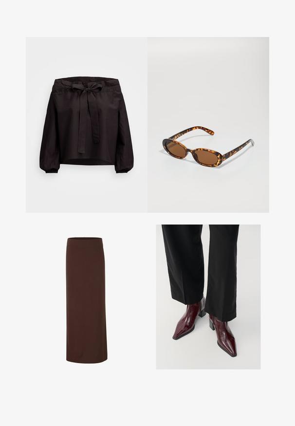 Svart kort topp med åtstramad midja, som har en framknutning och elastiska ärmslut. Tillverkad av lättviktsmaterial med en mjuk textur.; Brun midikjol i smidig tyg, med en åtsittande midja och en rak silhuett utan synliga mönster eller detaljer.; Burgundy patenterade läderstövlar med spetsig tå, kraftig klack och texturerad yta, kombinerade med svarta vida byxor.; Sköldpaddsfärgade solglasögon med ovala bågar, bruna linser och smala svarta pärmar med subtila mönsterdetaljer.; Brun läderhandväska med geometrisk design, utrustad med ett handtag upptill och en justerbar axelrem, slät textur och dragkedjestängning.; Guldörhängen i hoops med en slät, böjd design. De har en blank yta och en tjock, rundad kontur för en djärv look.