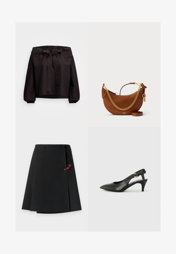 Mustahi kapp, millel on pingutatud vöökoht, esi sidumise ja elastsete mansettidega. Valmistatud kerge, siledat tekstuuri omavast kangast.; Mustapuku, jossa on levenevä muotoilu, ja edessä olevat kaksi nappia sekä kultainen yksityiskohta punaisella sydänkoristeella sivulla. Sujuva kangastuntuma.; Musta nahka slingback-korkokenkä, jossa on teräväkärkinen muoto, pieni korko ja solk yksityiskohta nilkkahihnassa. Tasainen pinta, minimalistinen muotoilu.; Ruskea nahkakäsilaukku, jossa on kaareva muotoilu, kultaketjuhihna, sisätasku ja irrotettava olkahihna. Ominaisuuksina on kontrastivärinen ommel.