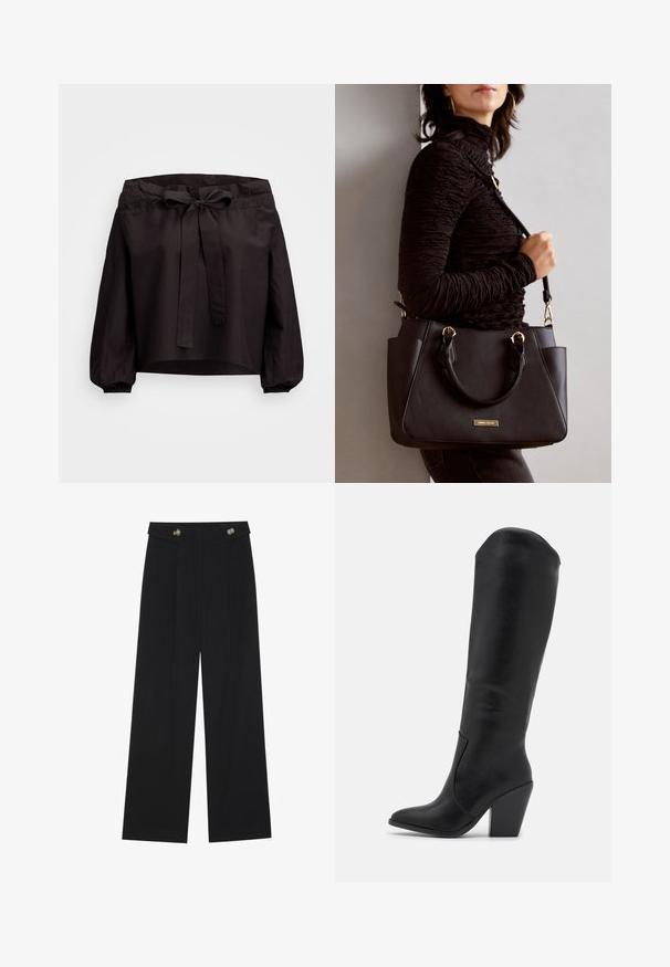 Svart kort topp med innsnevret midje, med en frontknute og elastiske mansjetter. Laget av lett materiale med en glatt tekstur.; Svart vide bukser med høy midje, knappdetaljer på midjebåndet og frontplisser.; RAID LAKELYN - Boots med høye hæler - black; Svart håndveske med teksturert overflate, doble topphåndtak og justerbar skulderrem. Har detaljer i gulltone og sidelommer.