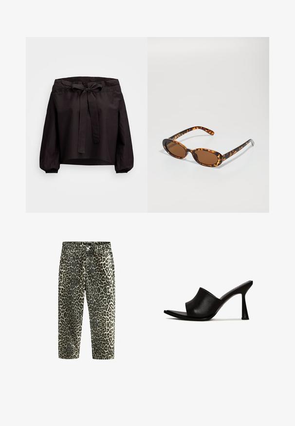 Schwarzes Crop-Top mit geraffter Taille, das eine vordere Schnürung und elastische Bündchen aufweist. Hergestellt aus leichtem Stoff mit glatter Textur.; Jeans aus Denim im Leopardenmuster mit hoher Taille, geradem Bein, ausgestattet mit dunklen und hellen Beigetönen, Fünf-Taschen-Design und Metallbeschlägen.; Schwarze High-Heel-Mules mit glattem Lederoberteil, offener Zehe und geschwungenem Design. Sie besitzen einen eleganten Stiletto-Absatz und einen minimalistischen Stil.; Schildpatt-Sonnenbrille mit ovalen Rahmen, braunen Gläsern und schlanken schwarzen Bügeln mit subtilen Musterakzenten.; Weiße strukturierte Handtasche mit kurzen Griffen und einem Schultergurt, ausgestattet mit goldfarbenen Hardware-Elementen und strukturiertem Material, vor einem grauen Hintergrund präsentiert.; Goldfarbene Armspange mit glatter Außenseite und strukturierter Innenseite. Sie verfügt über ein breites, rundes Design mit einer offenen Aussparung auf einer Seite.