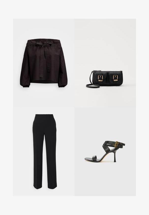 Top corto nero con vita arricciata, dotato di un nodo frontale e polsini elasticizzati. Realizzato in tessuto leggero con una texture liscia.; Pantaloni neri a gamba dritta con una texture liscia. Presentano una vita e nessun motivo o accento visibile. Design classico e sartoriale.; Sandal nero con tacco a spillo, straps incrociati e fibbia regolabile. Presenta una texture liscia e un tacco affusolato.; Borsa a tracolla nera in pelle con due tasche frontali, fibbie dorate, chiusura con zip e una tracolla sottile. Superficie texturizzata e forma rettangolare compatta.