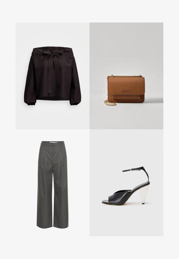 Top scurt negru cu talie strânsă, având un legătura frontală și manșete elastice. Fabricat dintr-un material ușor, cu o textură netedă.; Pantaloni lărgi gri dintr-un material texturat, cu talie înaltă și pliuri frontale, fără buzunare vizibile sau detalii metalice.; Sandal cu toc înalt din piele neagră, cu vârf deschis, design asimetric, curea pentru gleznă și toc metalic în formă de con. Textură netedă pe toată suprafața.; Geantă crossbody din piele texturată maro, cu curea din lanț aurit și închidere cu clapetă. Partea din față prezintă detalii cu logo și o buzunar sub clapetă.