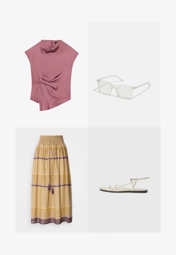 Bluză asimetrică în roz prăfuit, dintr-un material ușor. Dispune de un detaliu răsucit la talie și un decolteu discret înalt, cu fermoar la spate.; Fustă maxi galbenă cu talie elastică, cu modele florale și geometrice în alb și mov, cu două ciucuri mov la talie.; Sandalie plate bej cu multiple bretele subțiri și o cataramă ajustabilă. Talpa este plată, cu un ușor contrast întunecat la margine.; Ochelari de vedere cu rame pătrate din plastic transparent, dotate cu lentile translucide și accente aurii pe temple pentru un detaliu suplimentar.; Geantă structurată albă, cu mânere scurte și curea de umăr, având accente din metal aurit și material texturat, expusă pe un fundal gri.