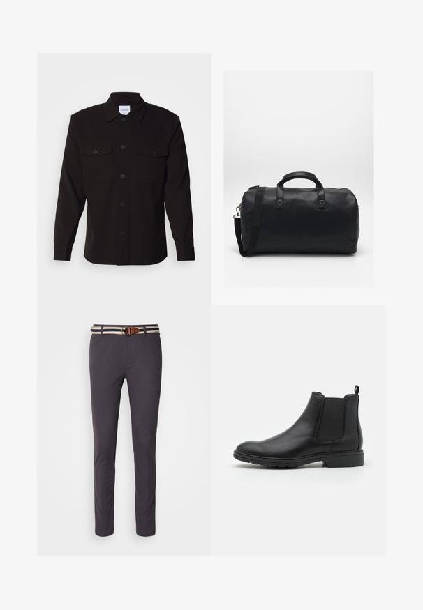 Juodas ilgas rankovės marškinis su mygtukų užsegimu, dviem krūtinės kišenėmis ir struktūrizuotu apykakle. Pagamintas iš vientisos medžiagos su lygiu paviršiumi.; Tamsiai pilki chino tipo kelnės su lieknu kirpimu, su dryžuota audinio diržu su apvaliu metaliniu užsegimu ir rudos odos akcentais.; Juodas odinis Čelsio batų modelis su elastinėmis šoninėmis juostelėmis ir kilpike, apvalia nosimi ir tekstūruotu guminiu padu.; Juodas sportinis krepšys, pagamintas iš tekstūruotos sintetinės medžiagos. Yra du rankenoms ir reguliuojama petneša. Paprastas dizainas be matomų raštų.